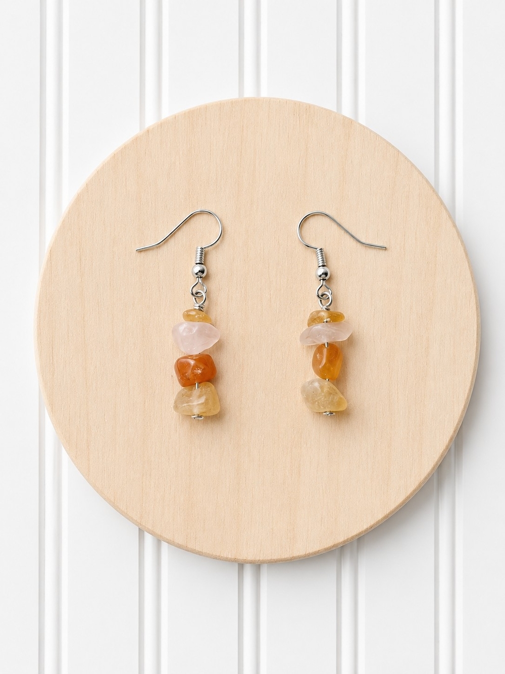 Gemstone Chip Drop Earrings Genuine Amber, Crystal And Orange Aventurine